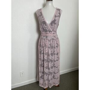 Newport News Dress Vintage Fit Flare Floral Lace Plunge Midi Summer